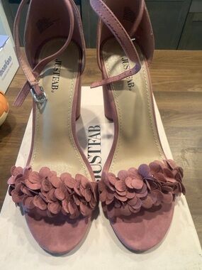 JustFab Heather Rose Floral Suede Block Heel Sandals
